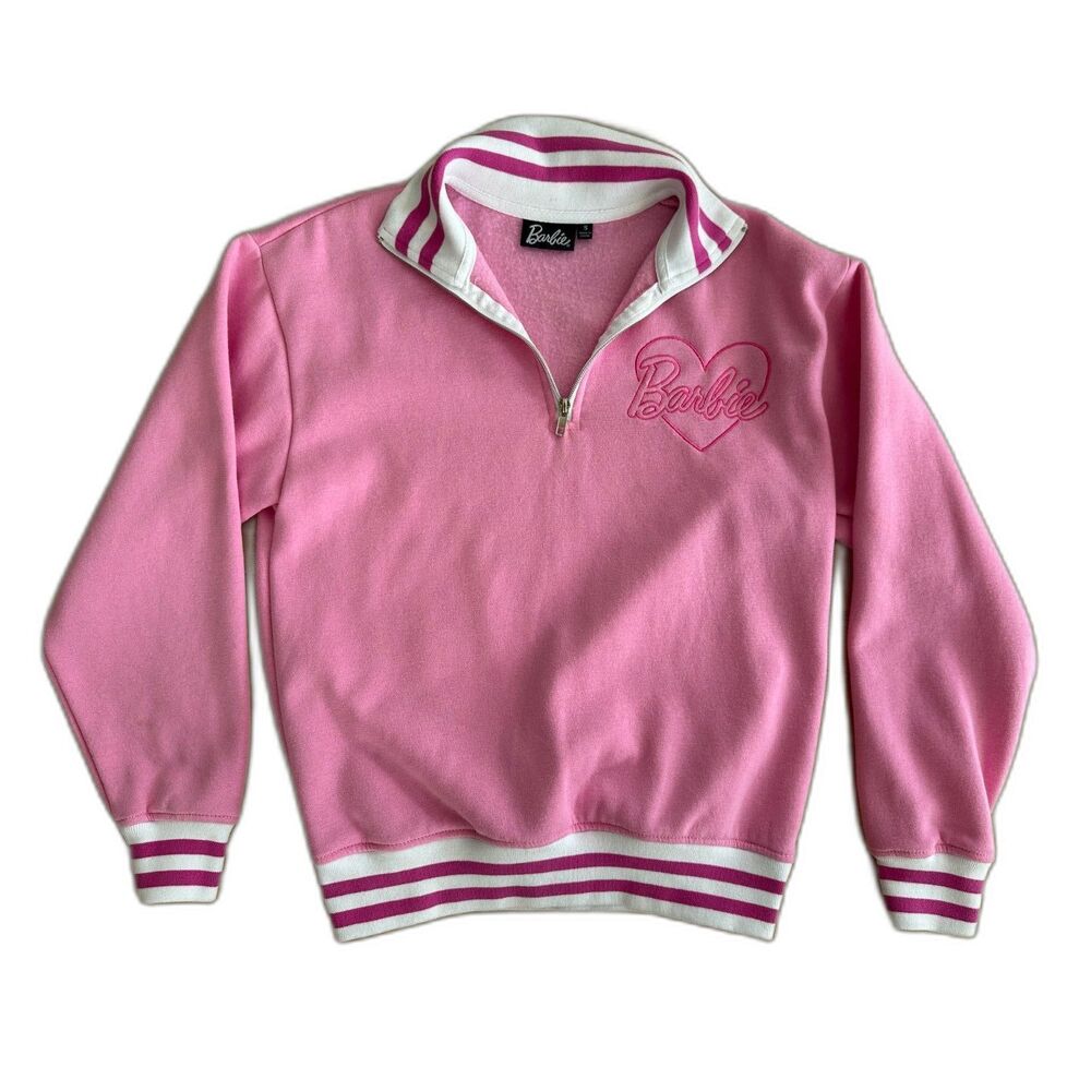 Barbie Pink Quarter Zip Sweatshirt Logo Embroidered Striped Trim Pullover size S